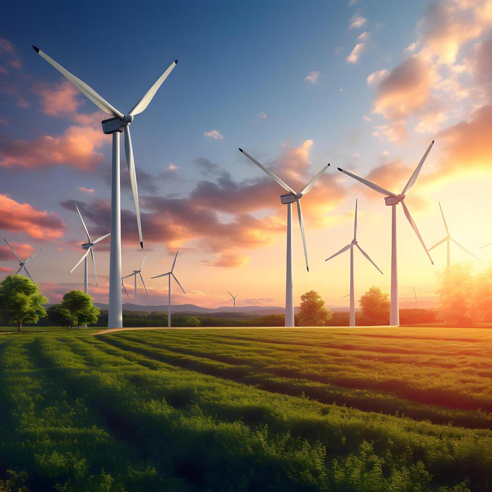 AI generated Wind turbines on hill and green field, beautiful sunrise background in wind farm. Clean energy or environmentally sustainable energy. photo