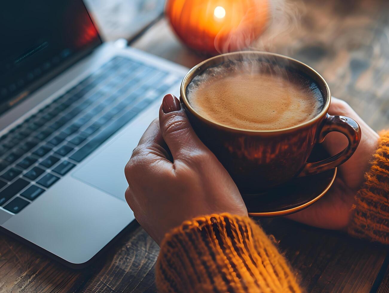 AI generated Young woman takes a break drinking hot coffee with smoke after studying or working on a wooden table. Selective focus on cup photo