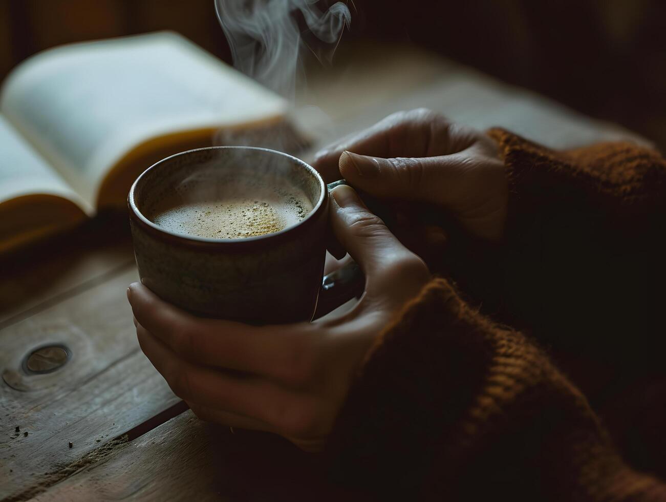 AI generated Young woman takes a break drinking hot coffee with smoke after reading or studying on a wooden table. Selective focus on cup photo