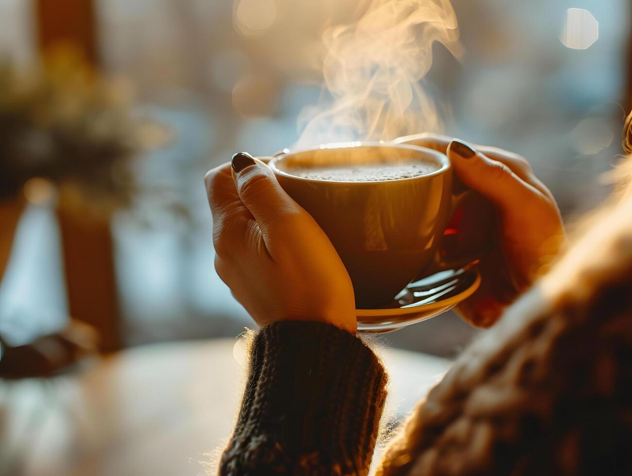 AI generated Close-up of woman's hand holding a cup of hot espresso coffee with smoke standing by the window at home. Woman filling mug with hot fresh coffee in a morning. Close up shot photo