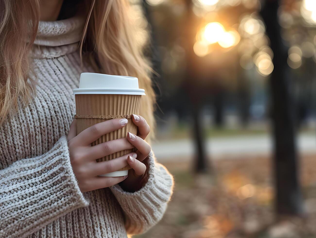 AI generated Cropped image of young woman drinking takeaway coffee while walking in autumn park. Selective focus on cup photo