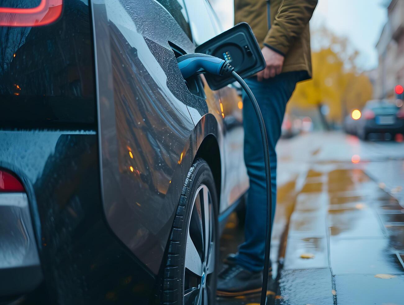 ai generado futurista eléctrico vehículo cargando estaciones, poder cable y enchufe suministro a moderno Deportes carros. verde energía y sostenible energía fuente tecnología. foto