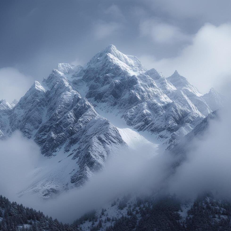 ai generado majestuoso Nevado montaña pico enmarcado por nubes en un sereno paisaje para social medios de comunicación enviar Talla foto