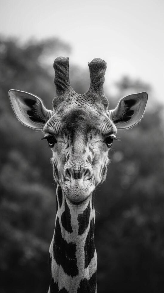 AI generated Timeless charm of a giraffe captured in striking grayscale photography Vertical Mobile Wallpaper photo