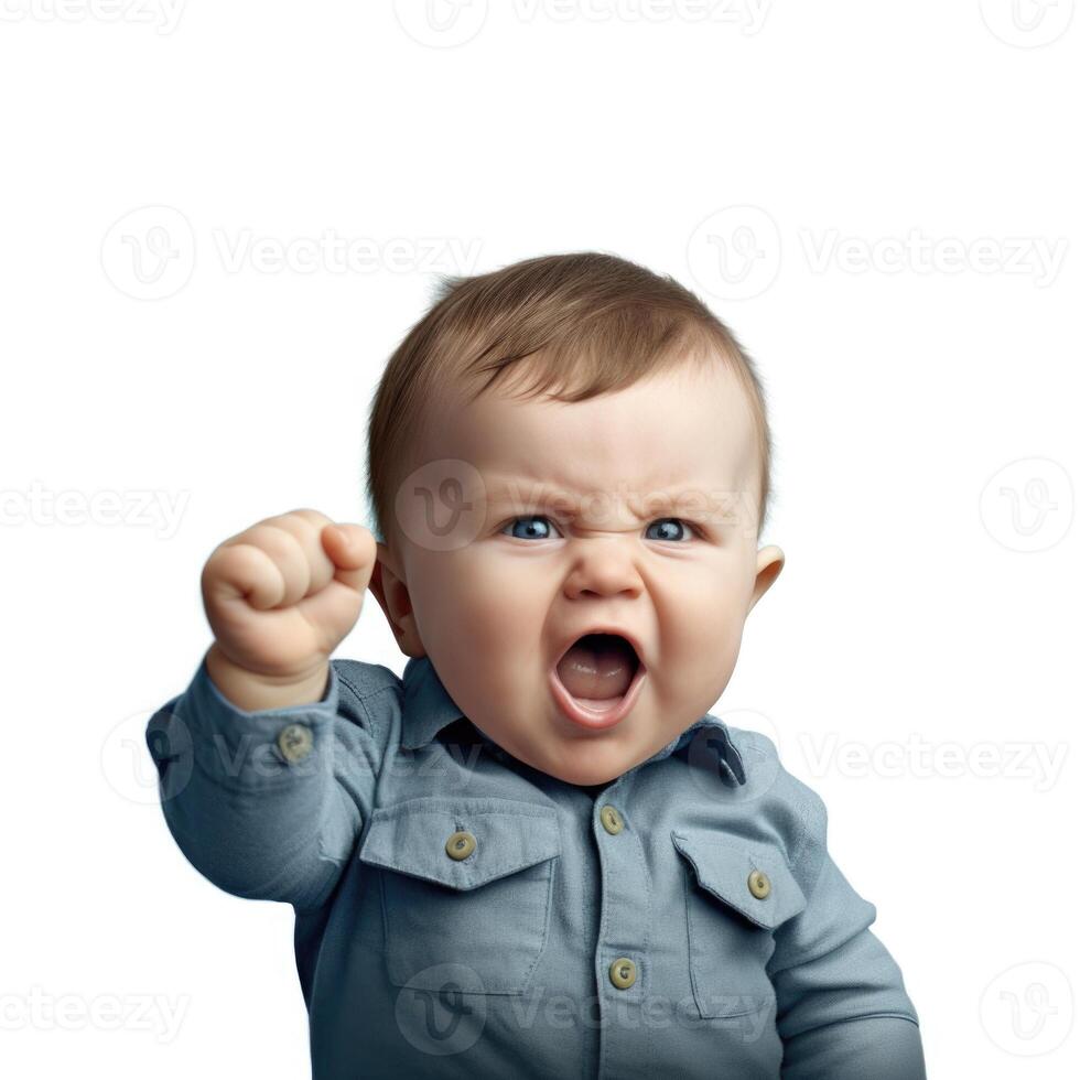 AI generated Baby hold up his fist determined to work hard funny shot in png transparent background photo
