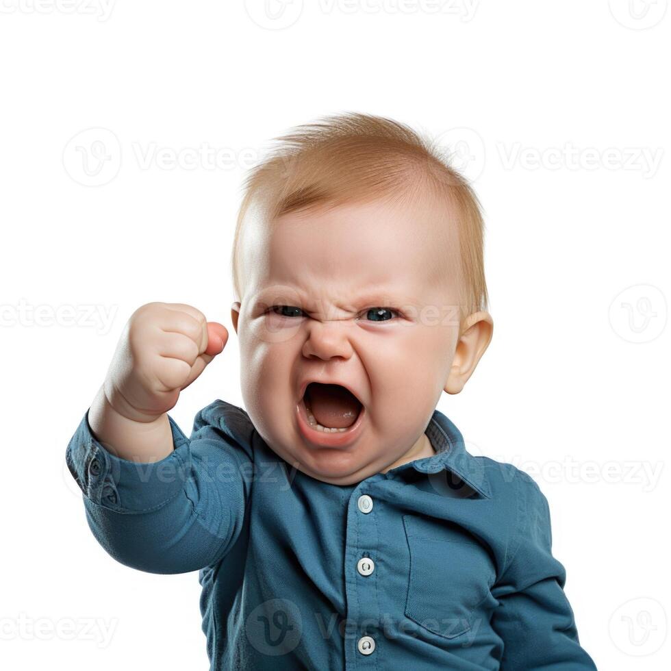 AI generated Baby hold up his fist determined to work hard funny shot in png transparent background photo