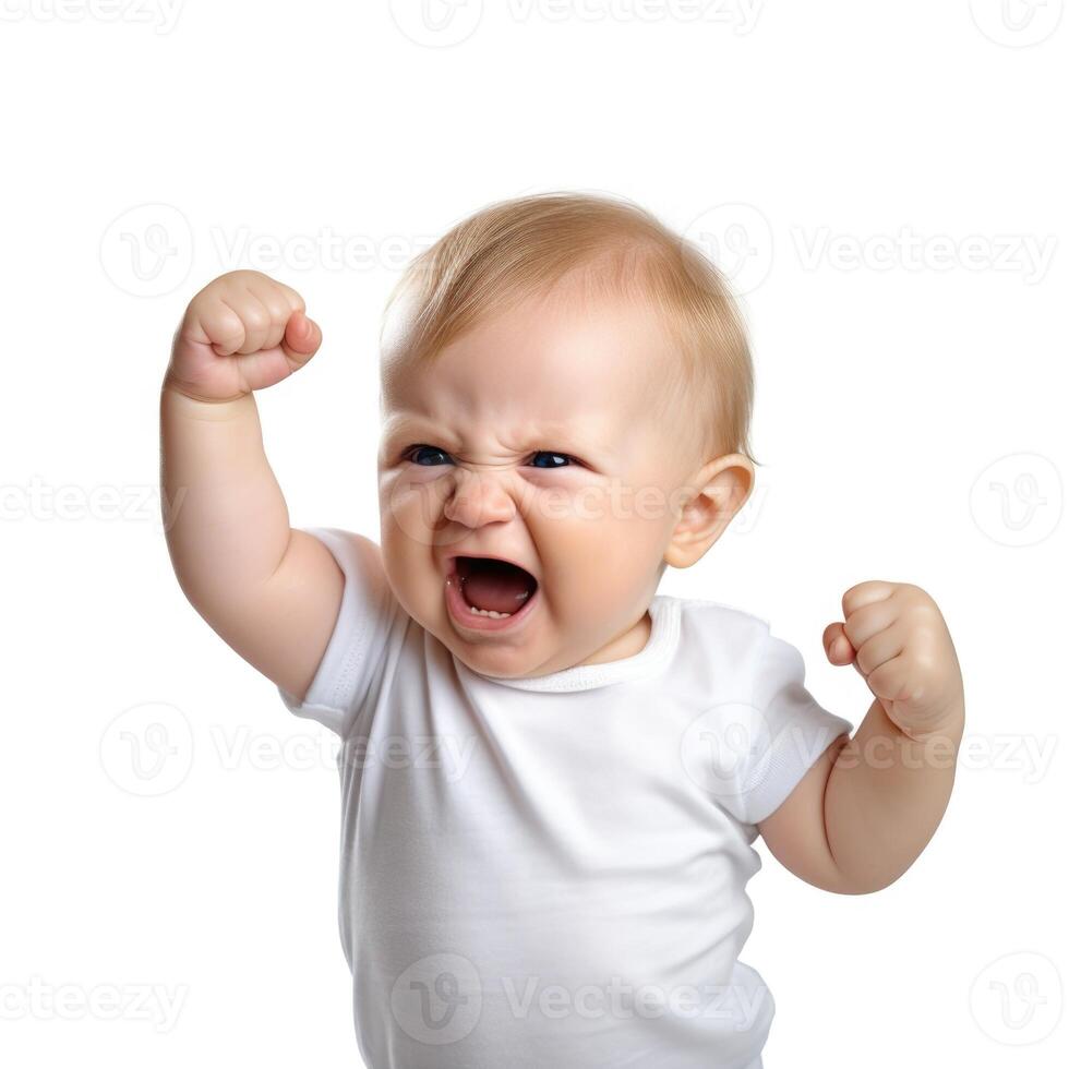 AI generated Baby hold up his fist determined to work hard funny shot in png transparent background photo