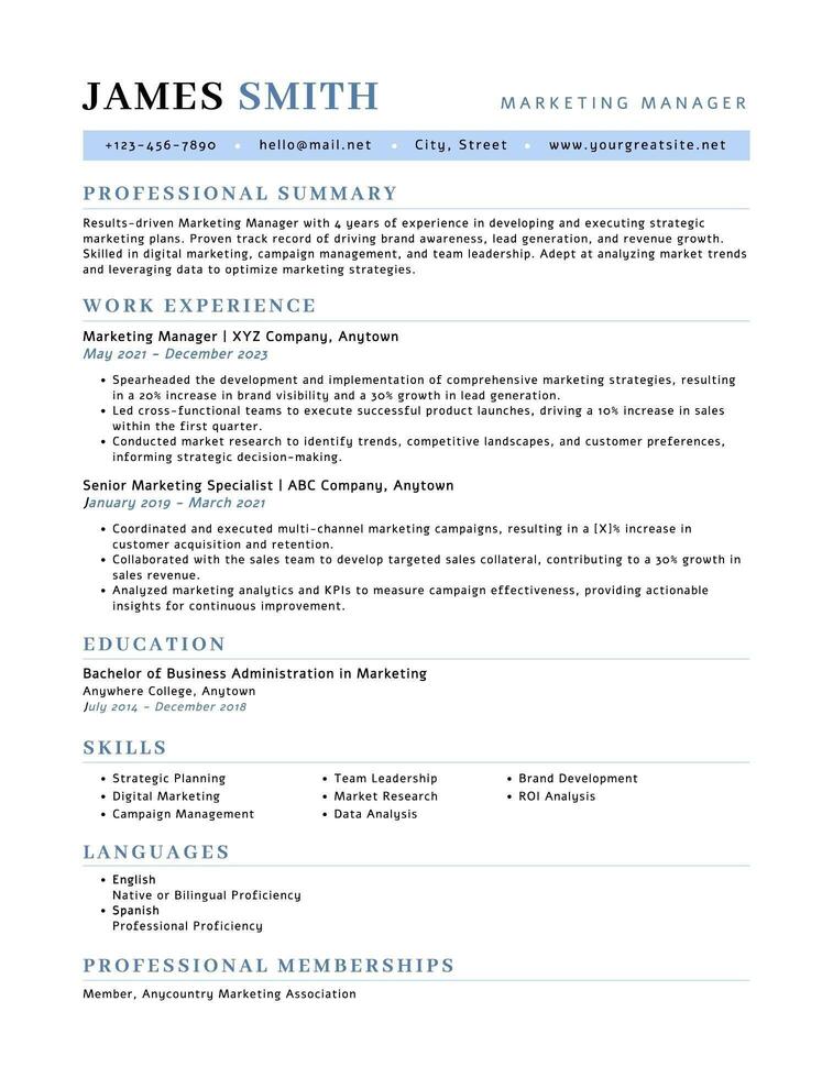 ATS Friendly Marketing Manager Resume Template for Business