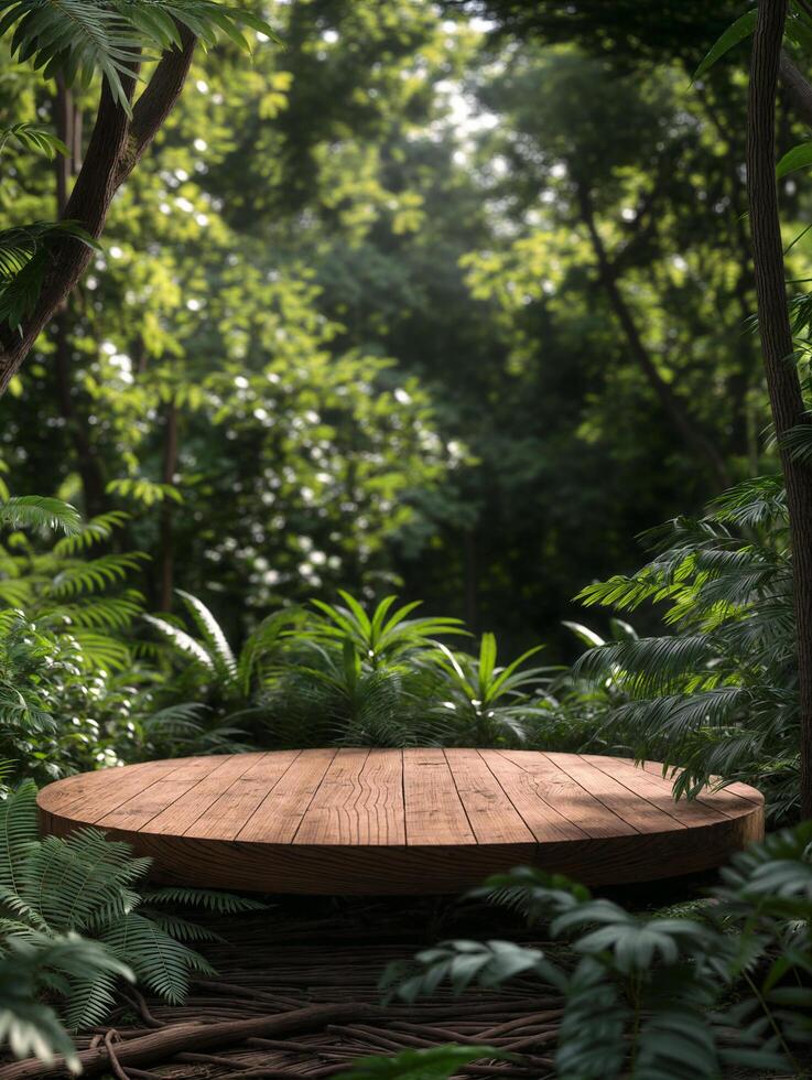 AI generated wooden cylindrical platform in the middle of a forest photo