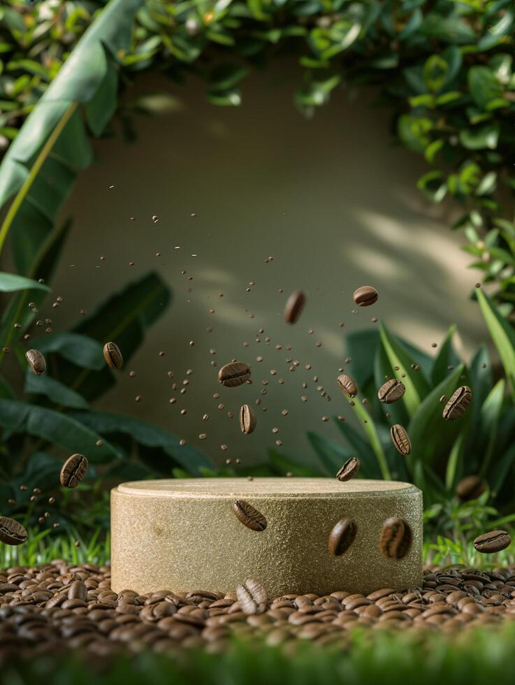 AI generated free photo of a product podium sitting on a field of coffee beans with green leavs and plants in the background