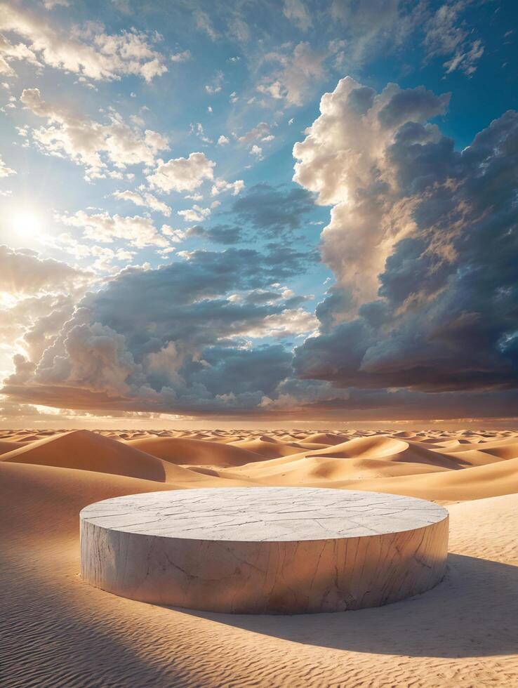 AI generated product podium in the middle of a desert photo