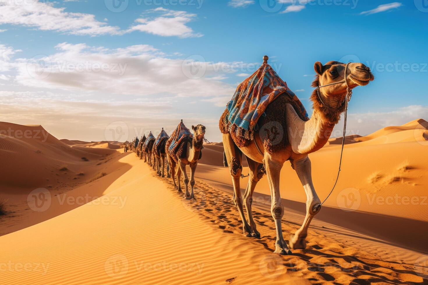 AI generated A caravan of camels rests in the desert against the backdrop of the red sea and high mountains. ai generated photo