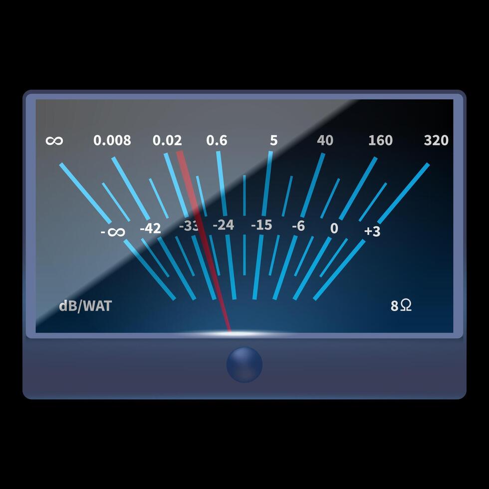 término análogo vu metro con pico condujo. decibel poder nivel. un volumen unidad - vu metro izquierda y bien. dispositivo mostrando un representación de el señal nivel en audio equipo. vector ilustración