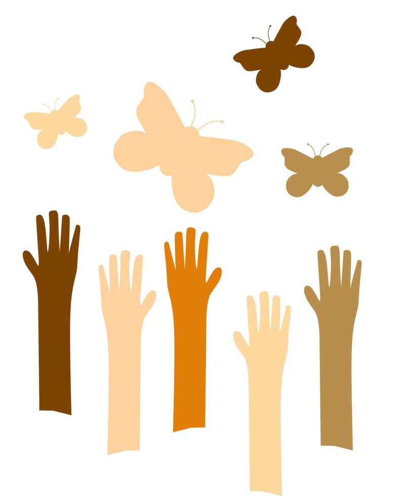 mundo cero discriminación día es marzo Primero a crear justicia, con un tema de mariposas y manos adecuado para carteles vector