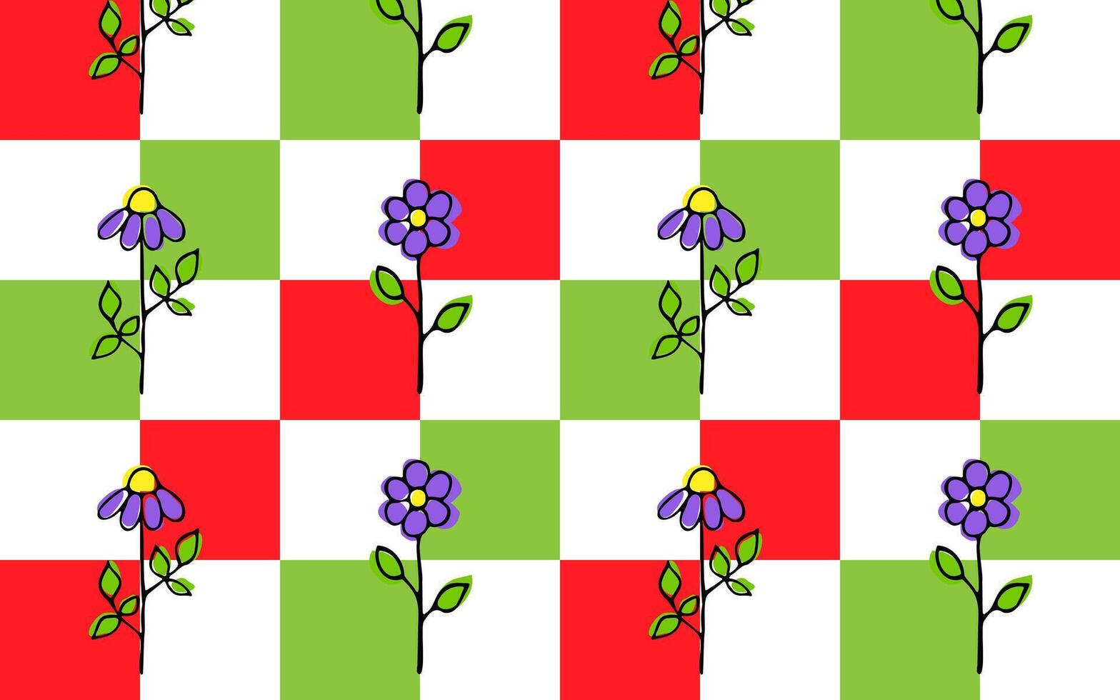 Vector seamless colored checkered pattern with hand drawn flowers in cartoon style. Pattern for textiles, wrapping paper.