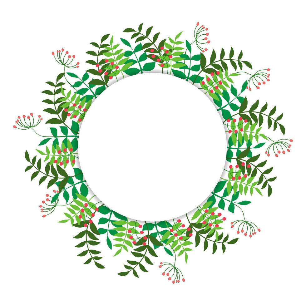 Vector spring card. Frame of colored berries, branches and leaves around a white circle. Greeting card.