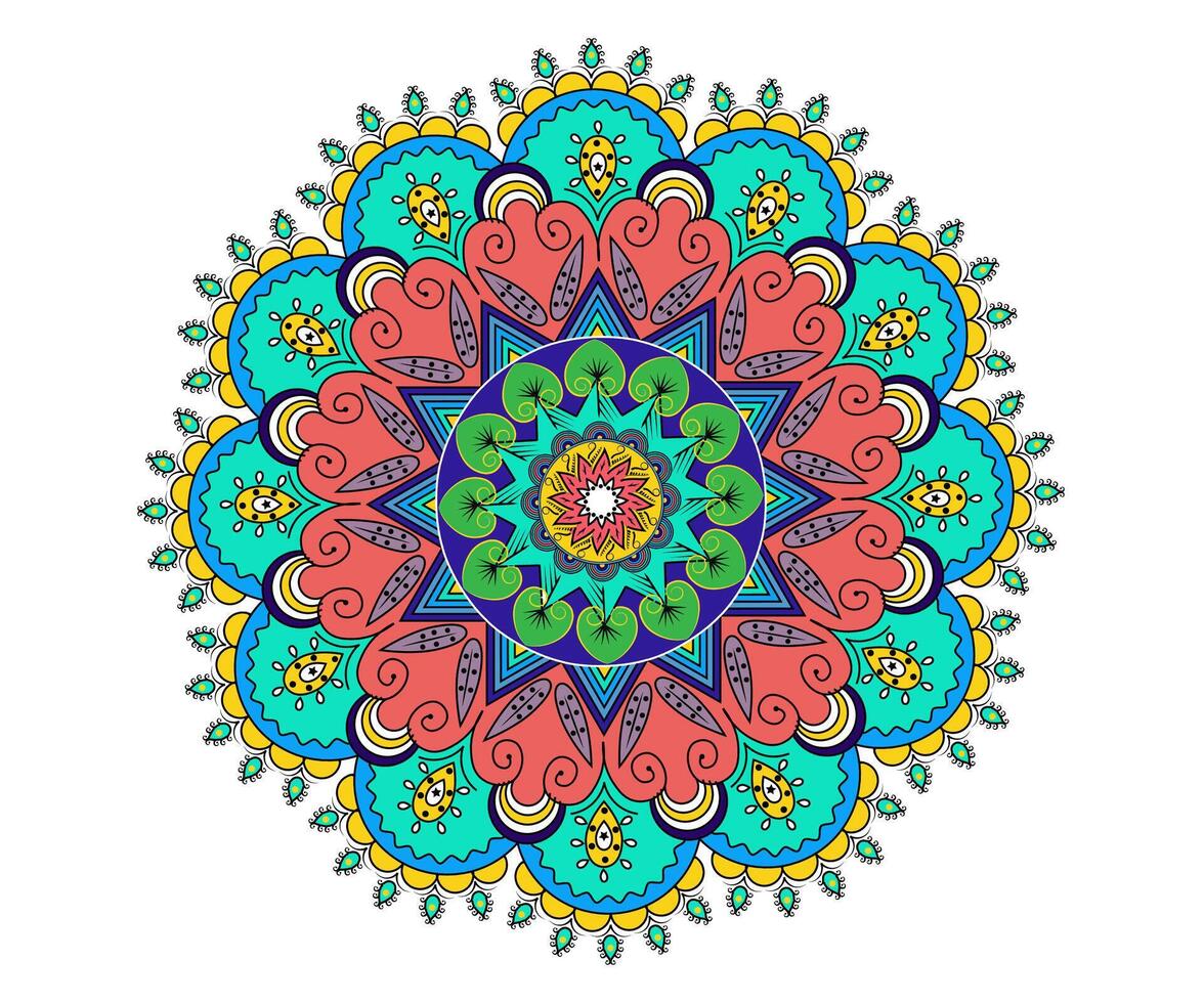 vector mano dibujo mandala diseño rojo, azul, amarillo, verde multicolor