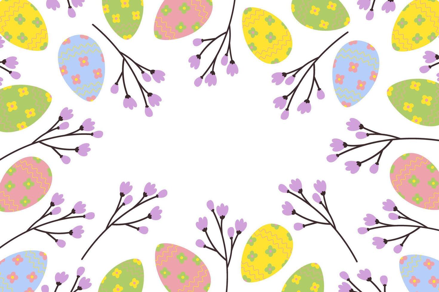 Abstract frame border of painted Easter eggs and blossom branches with copy space. Happy Easter vector