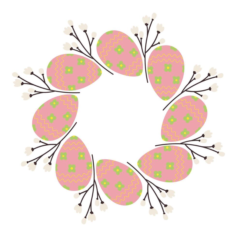 Abstract round frame of Easter Eggs and flowering branch in trendy soft hues. Easter greetings idea vector