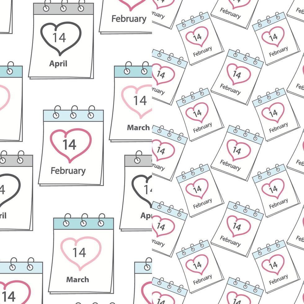 Set of seamless patterns with calendar pages with date 14 February, 14 March and 14 April. Backdrop vector