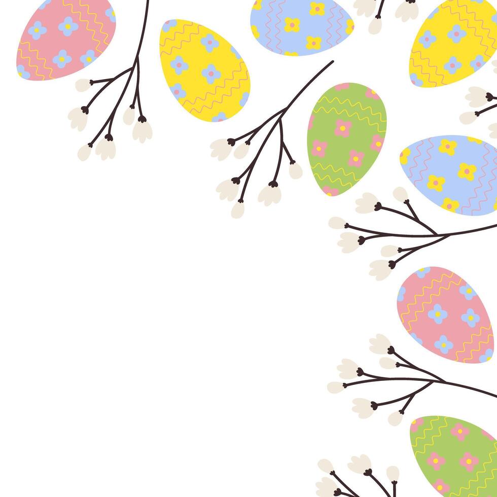 Vibrant corner frame border of Easter eggs and spring flowering twigs. Copy space. Easter greetings vector