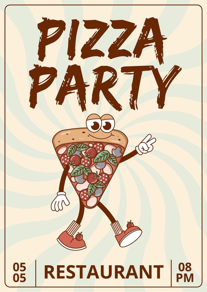retro maravilloso dibujos animados personaje rápido comida Pizza. póster Pizza fiesta con Clásico mascota psicodélico sonrisa, emoción. miedoso vector ilustración