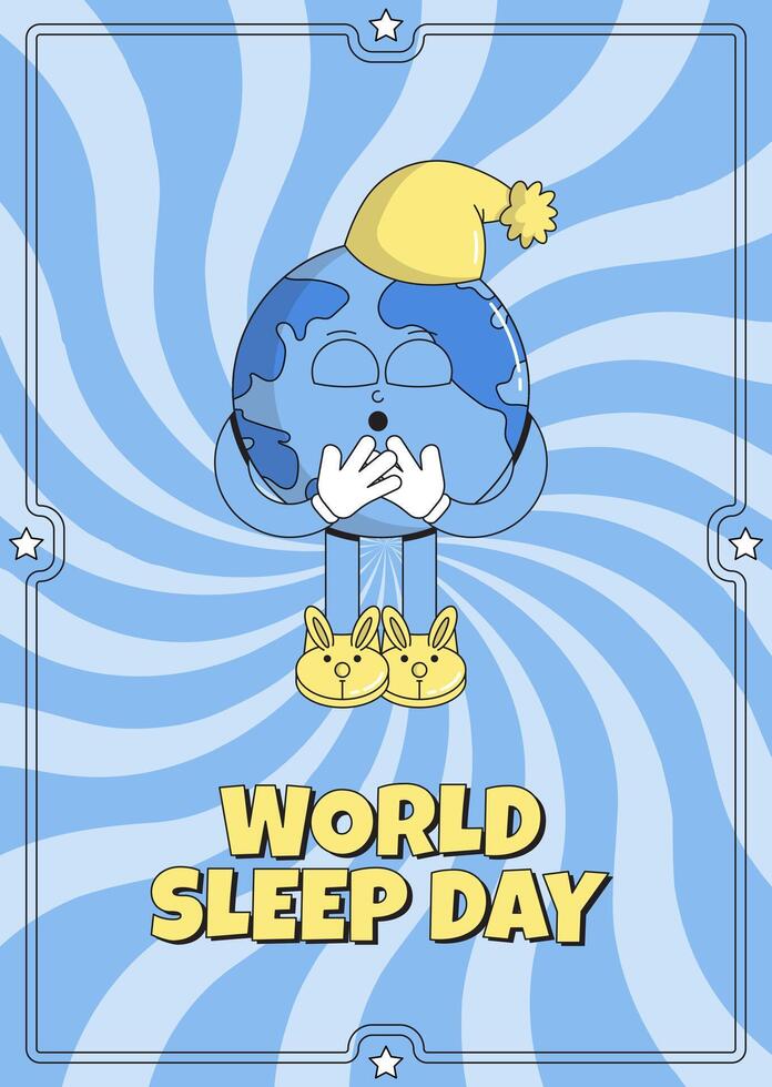 World Sleep Day poster. Sleeping character planet Earth in a cap. Psychedelic smile. Retro mascot cartoon style. Vector flat illustration