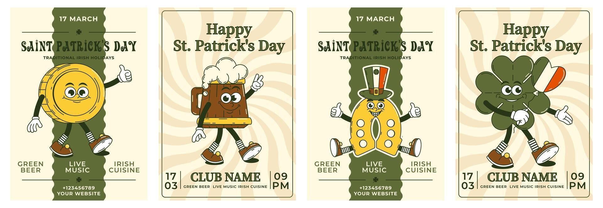 Happy Saint Patricks Day retro set party invitation. Funky groovy cartoon characters. Vintage funny mascot patch psychedelic smile and emotion. Comic trendy vector illustration