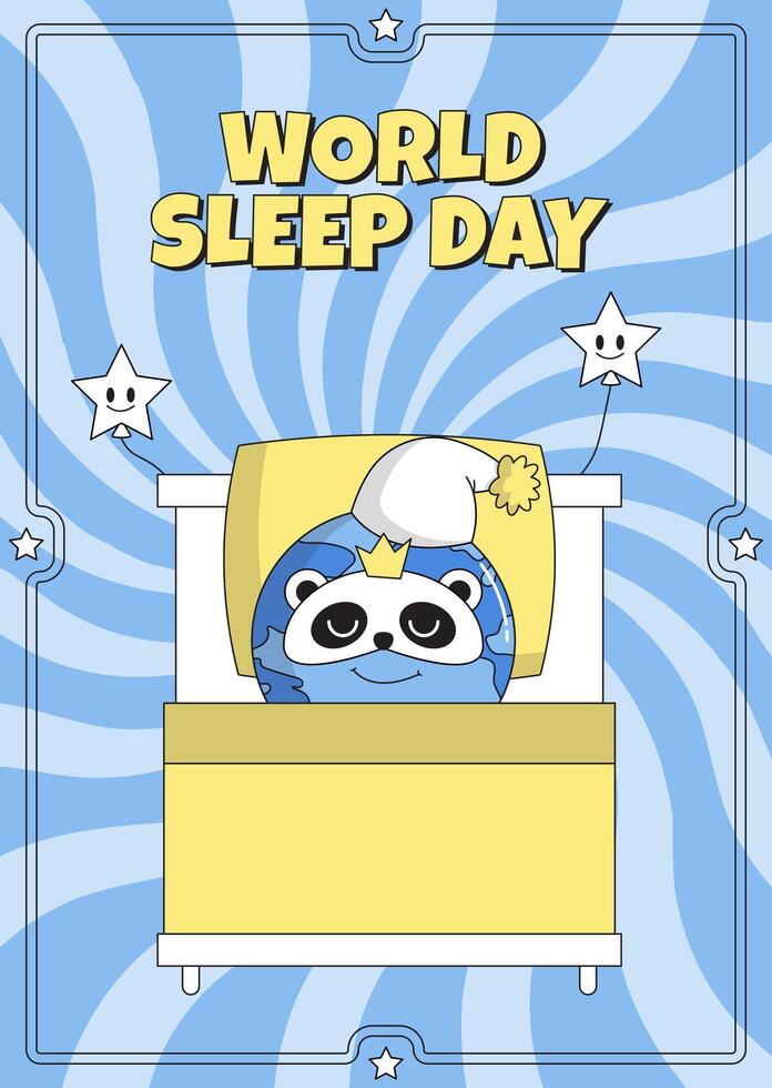 World Sleep Day poster. Sleeping planet earth character in cap on pillow and blanket wearing a sleep mask panda. Psychedelic smile. Retro vector flat illustration