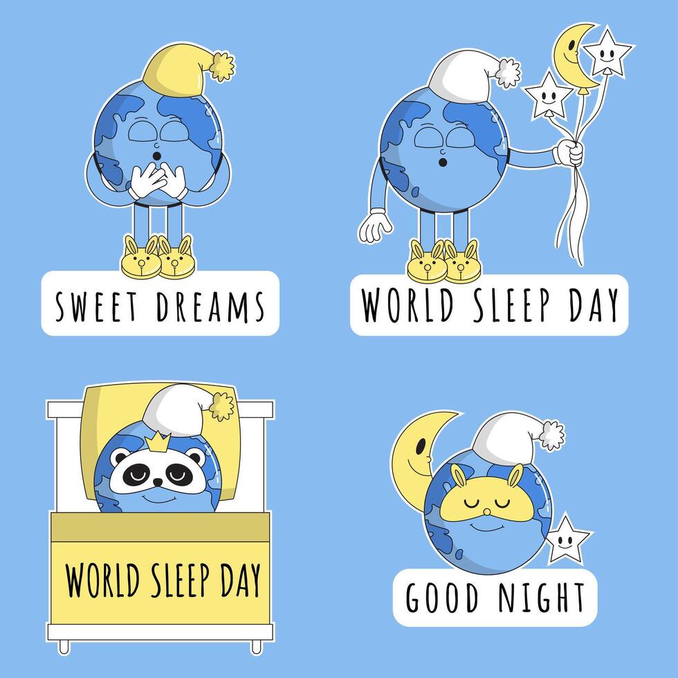World Sleep Day stickers. Sleeping characters planet Earth icon in a cap for sleep. Psychedelic smile. Vector flat cartoon illustration