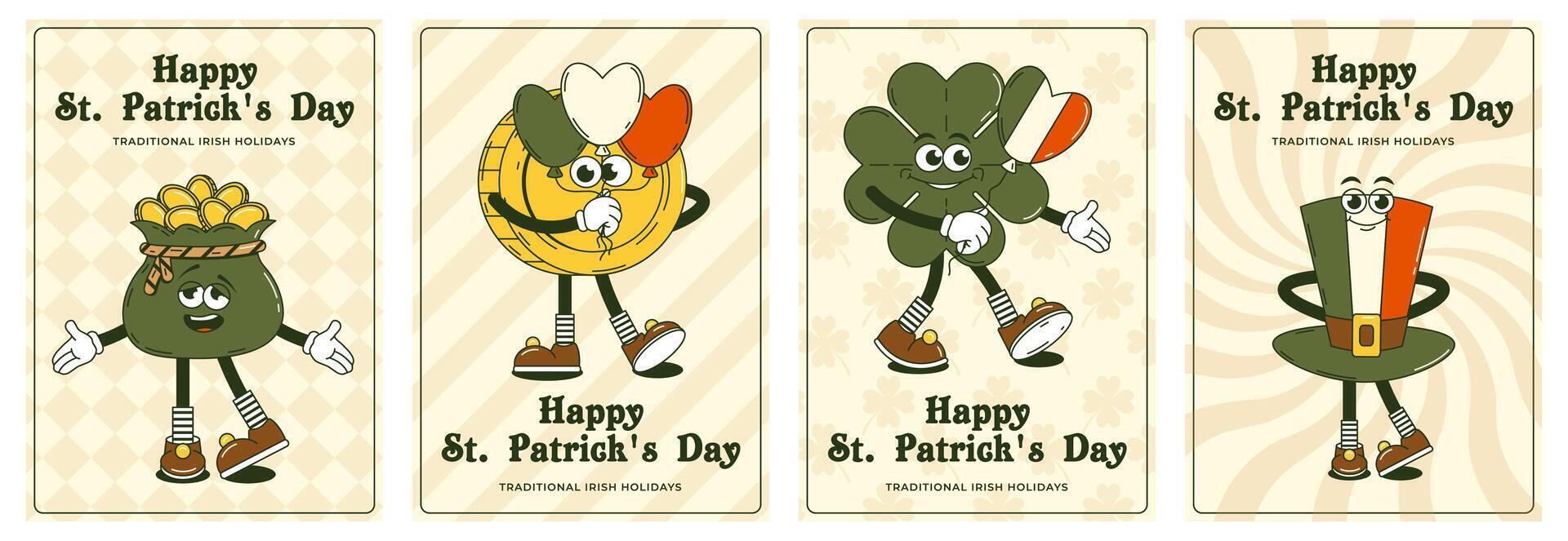 Happy Saint Patricks Day retro set greeting card. Funky groovy cartoon characters. Vintage funny mascot patch psychedelic smile and emotion. Comic trendy vector illustration