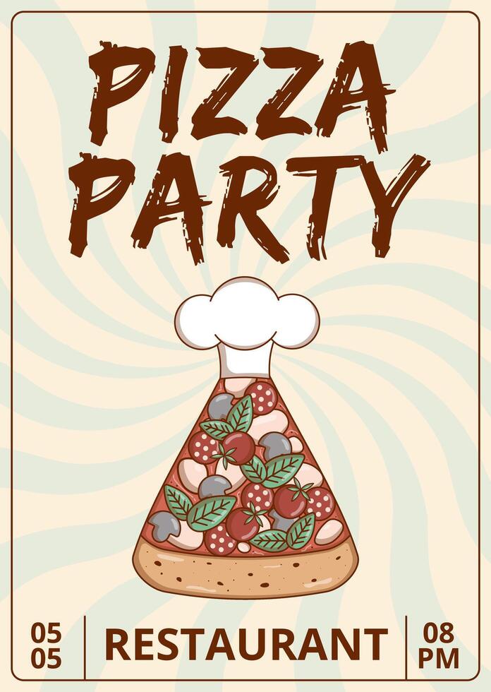 Italian fast food piece. Pizza with mushrooms, pepperoni, tomatoes, basil, mozzarella. Poster Pizza Party. Vector illustration.