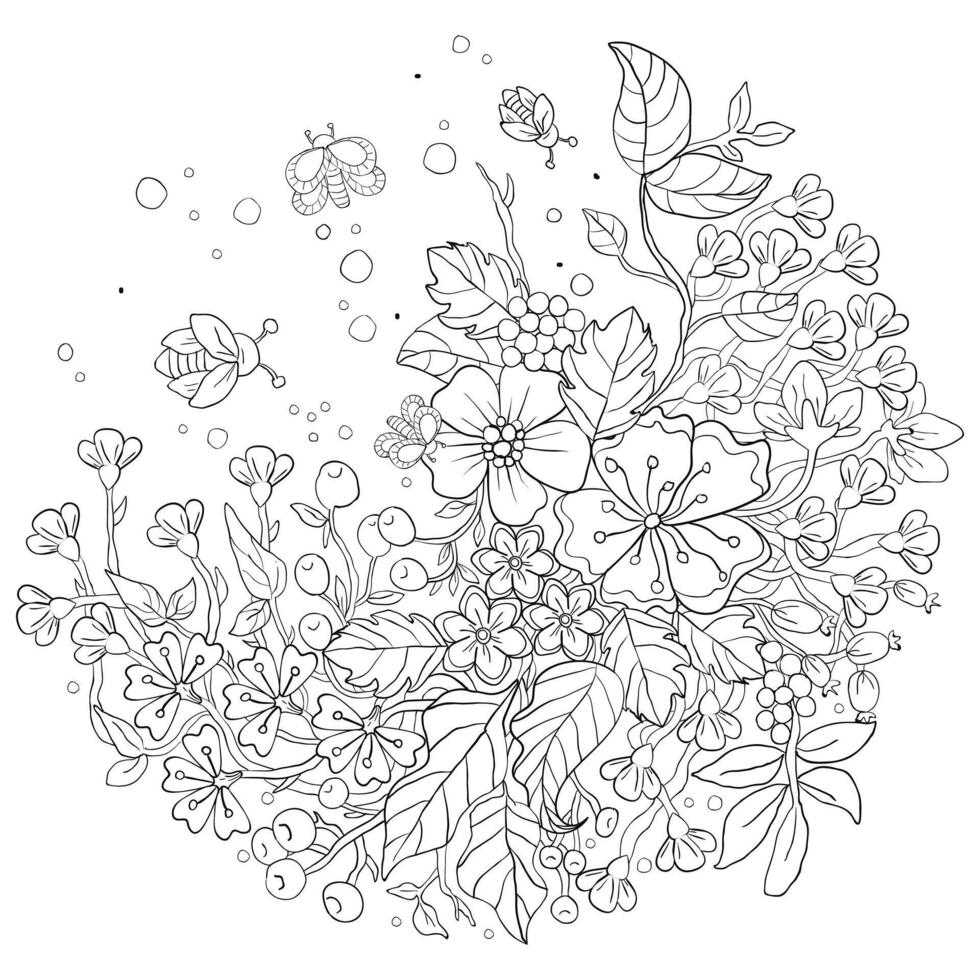 Outline vector drawing of flowers and butterflies for adult coloring books. Page of floral elements in black and white.