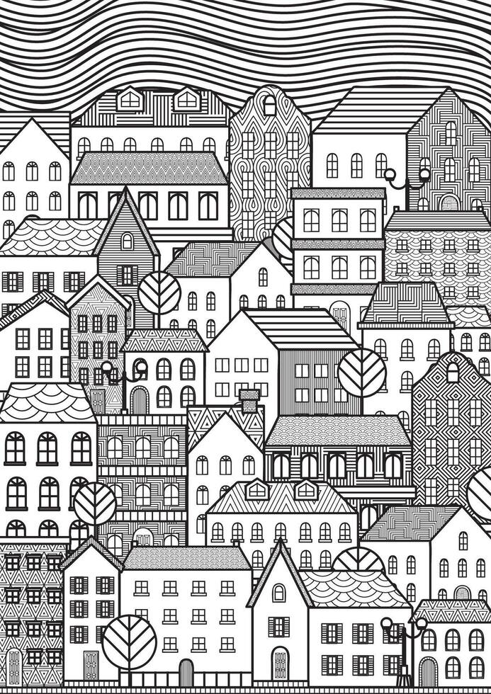 Black and white seamless pattern with houses and trees. Vector illustration