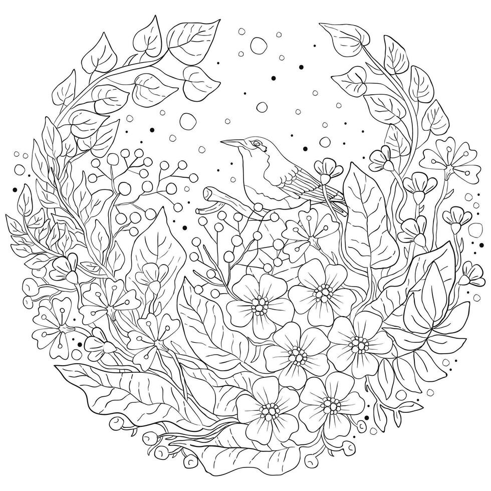 Design elements on the theme of nature, plants, and birds. Doodle style in circle shape composition. Black outline on white background. vector