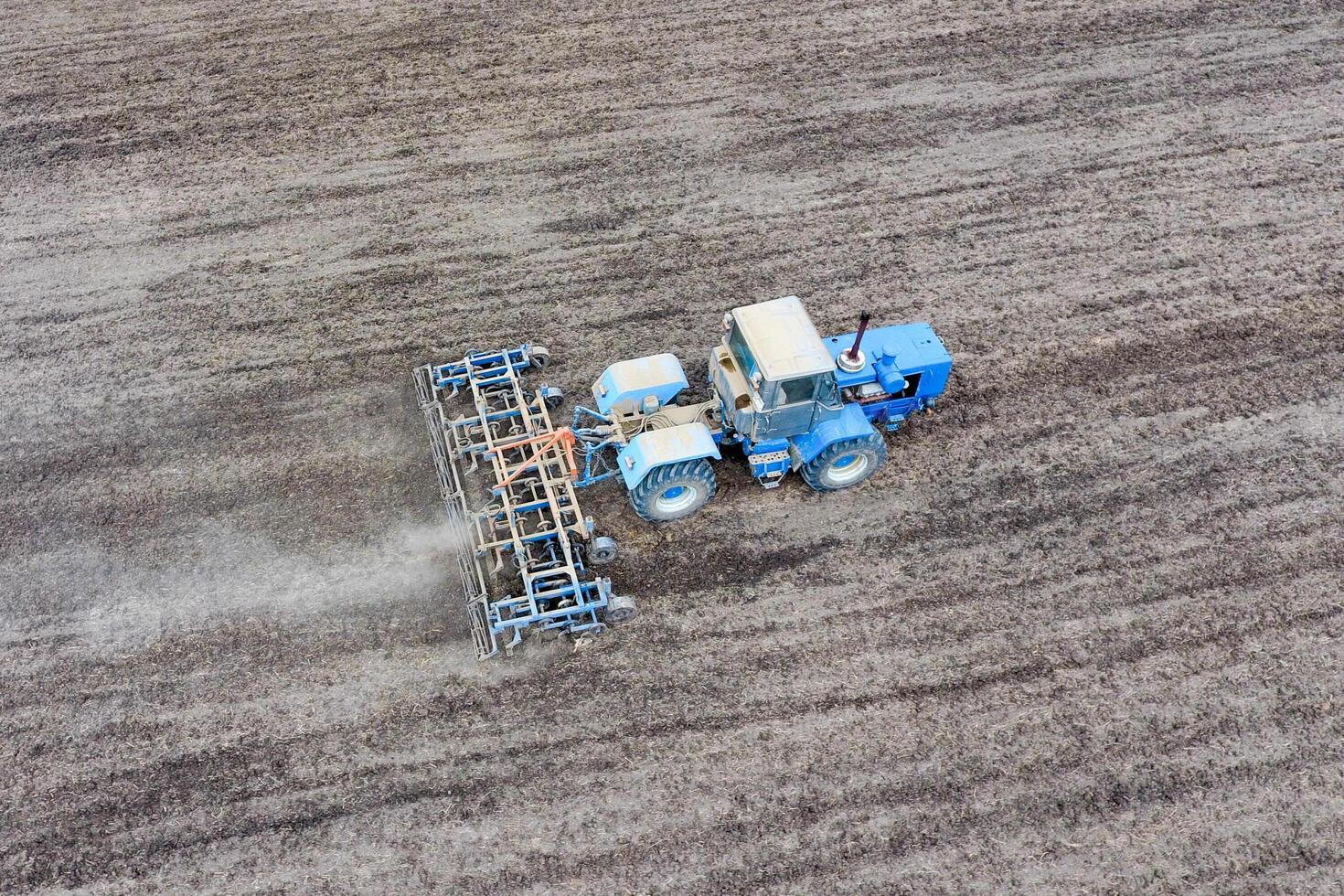 The tractor plows the field. Under sowing, the soil is loosened on the field. photo