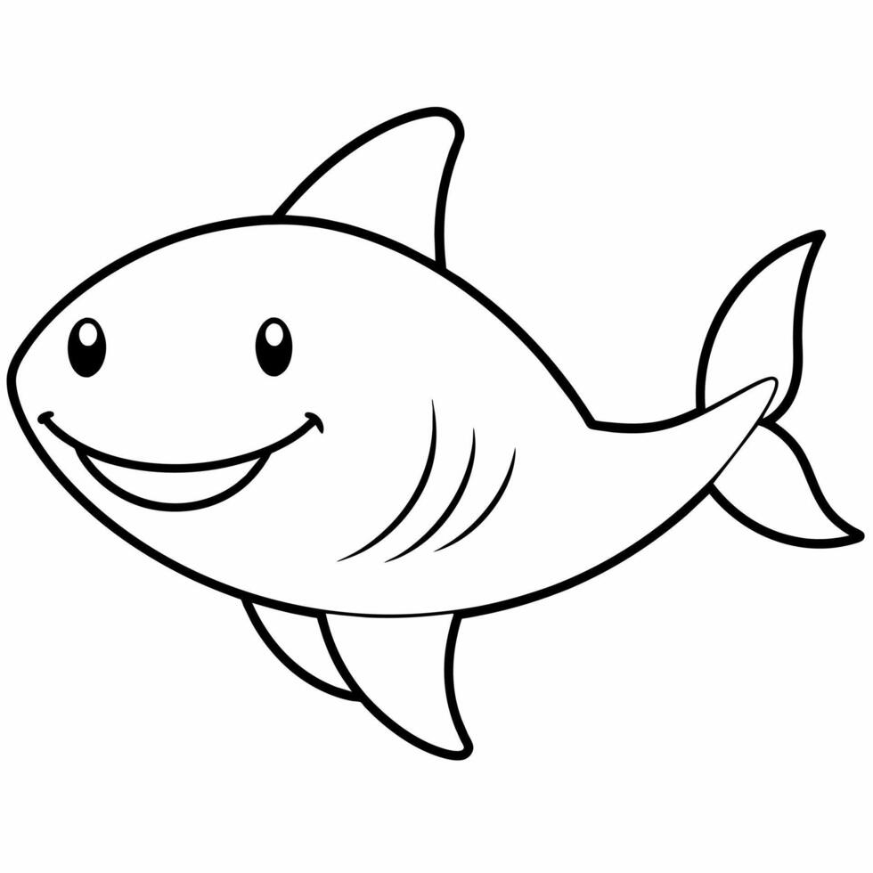 coloring book page of a black and white line art illustration of a cartoon shark. vector