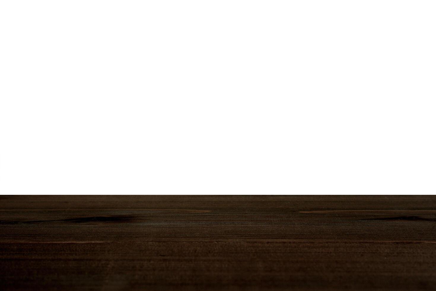 Empty blank rustic dark brown wooden table top, isolated on white.   Product display background. photo