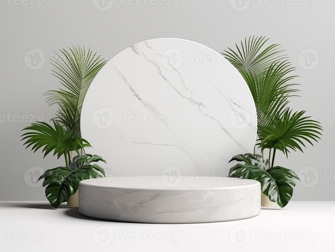 AI generated 3D rendering of empty round white marble podium for product presentation photo