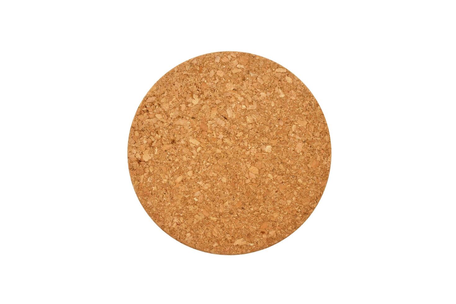 Empty round cork coaster, isolated on white background. Top view image. photo