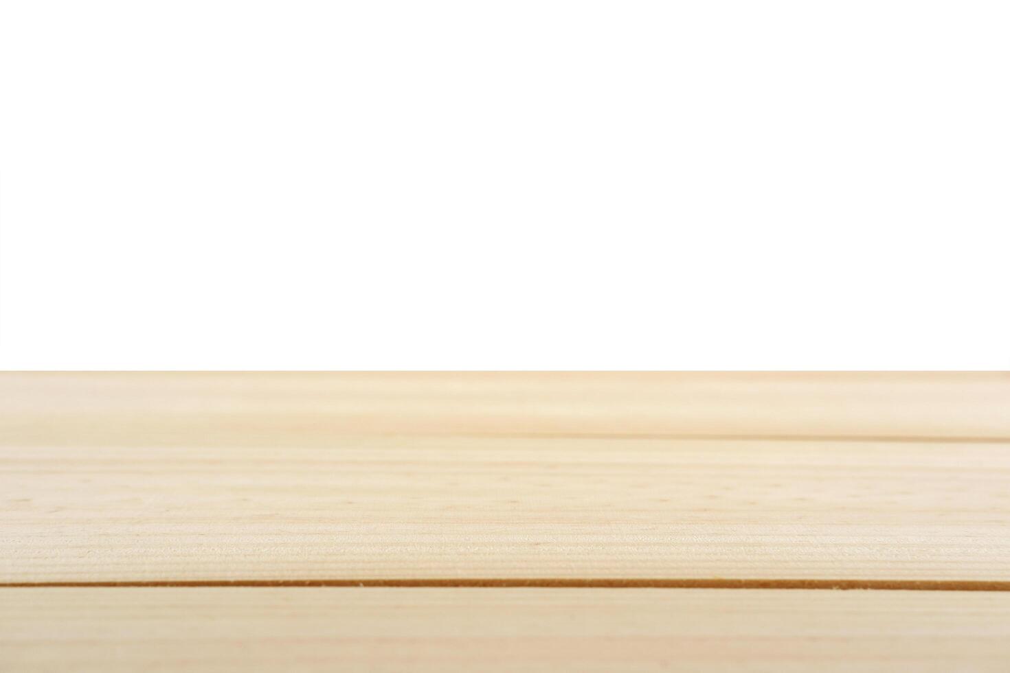 Empty blank rustic brown wooden table top, isolated on white.   Product display background. photo