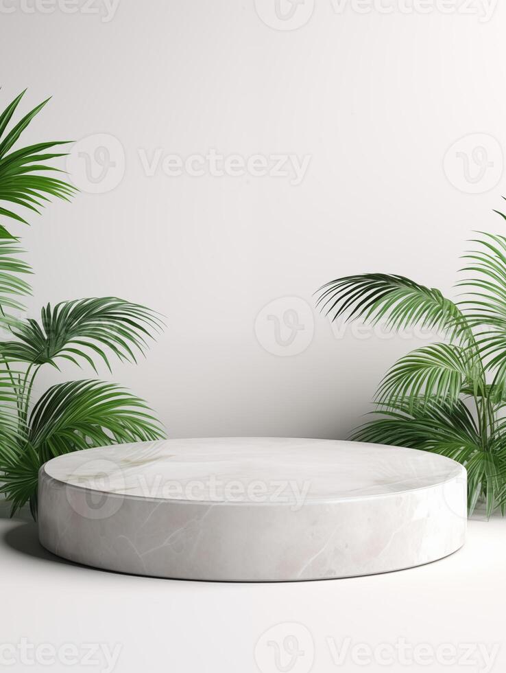 AI generated 3D rendering of empty round white marble podium for product presentation photo