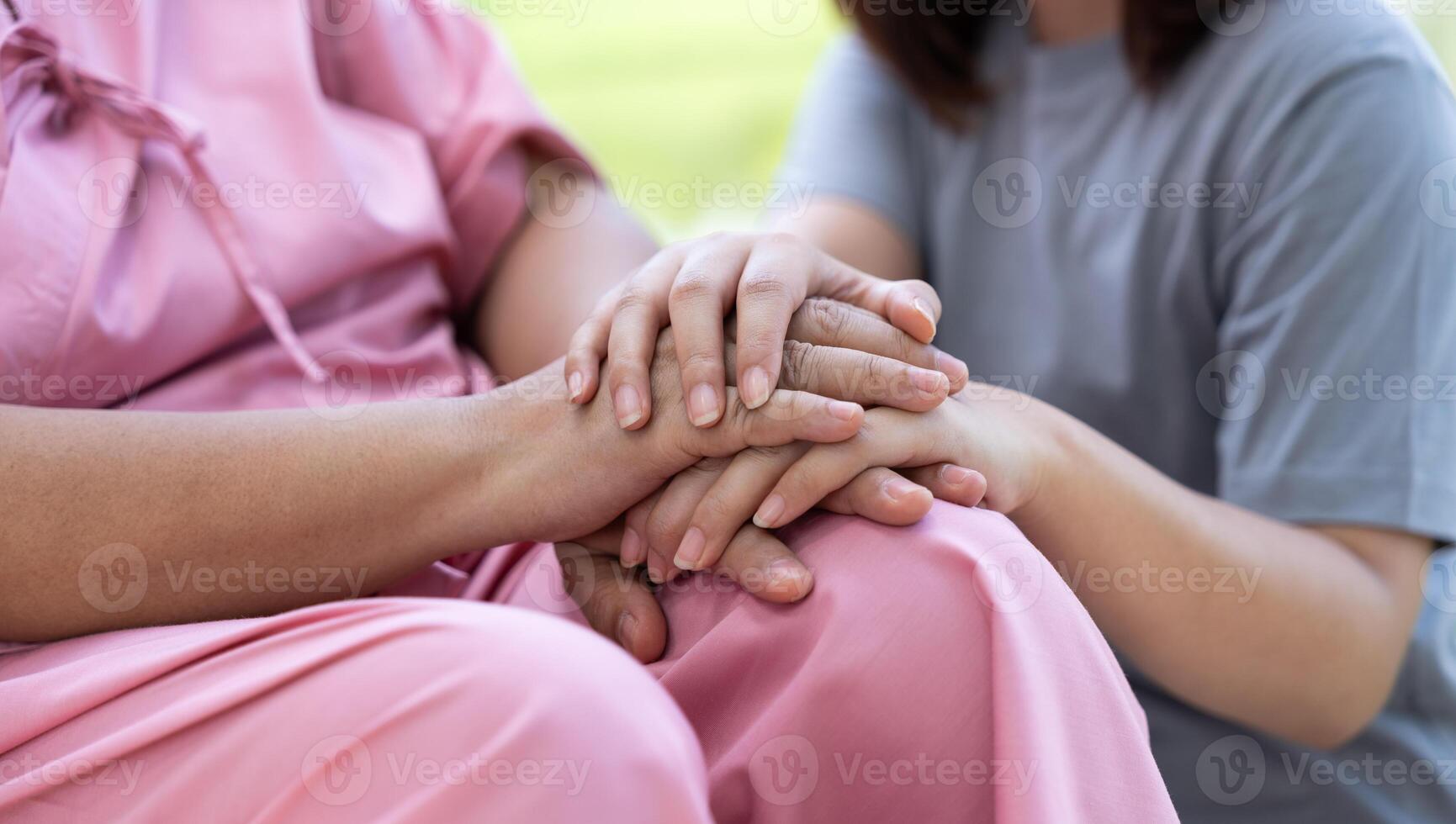 Asian careful caregiver or nurse taking care of the patient in a wheelchair.  Concept of a happy retirement with care from a caregiver and Savings and senior health insurance, encourage the patient photo