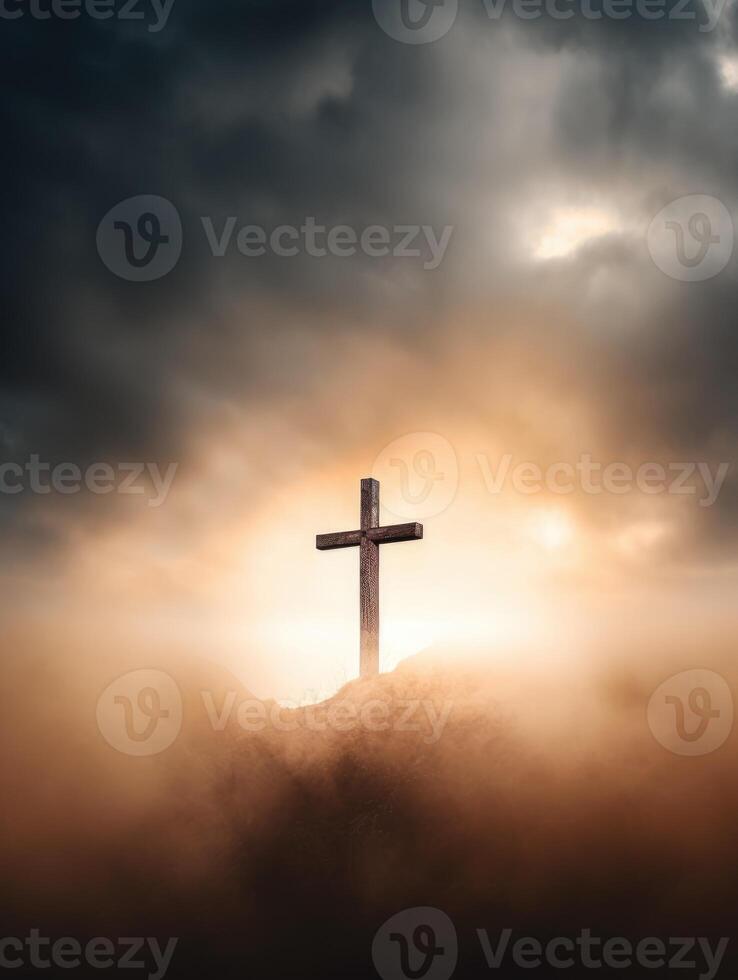 AI generated Cross in the clouds radiates the light of faith and hope photo