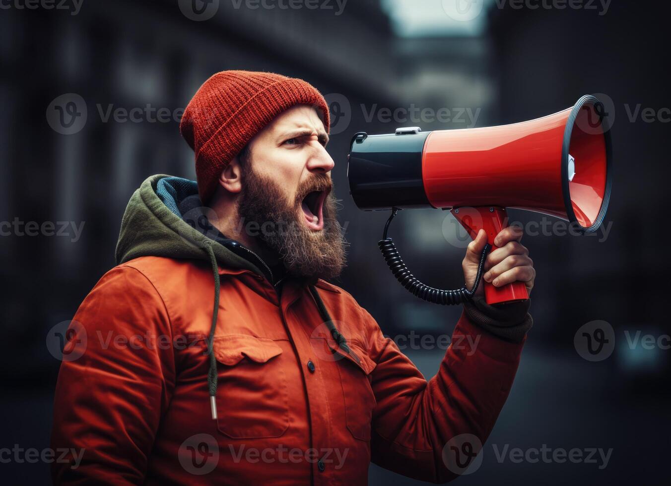 AI generated Big sale. Emotional portrait of marketing professional with megaphone. photo