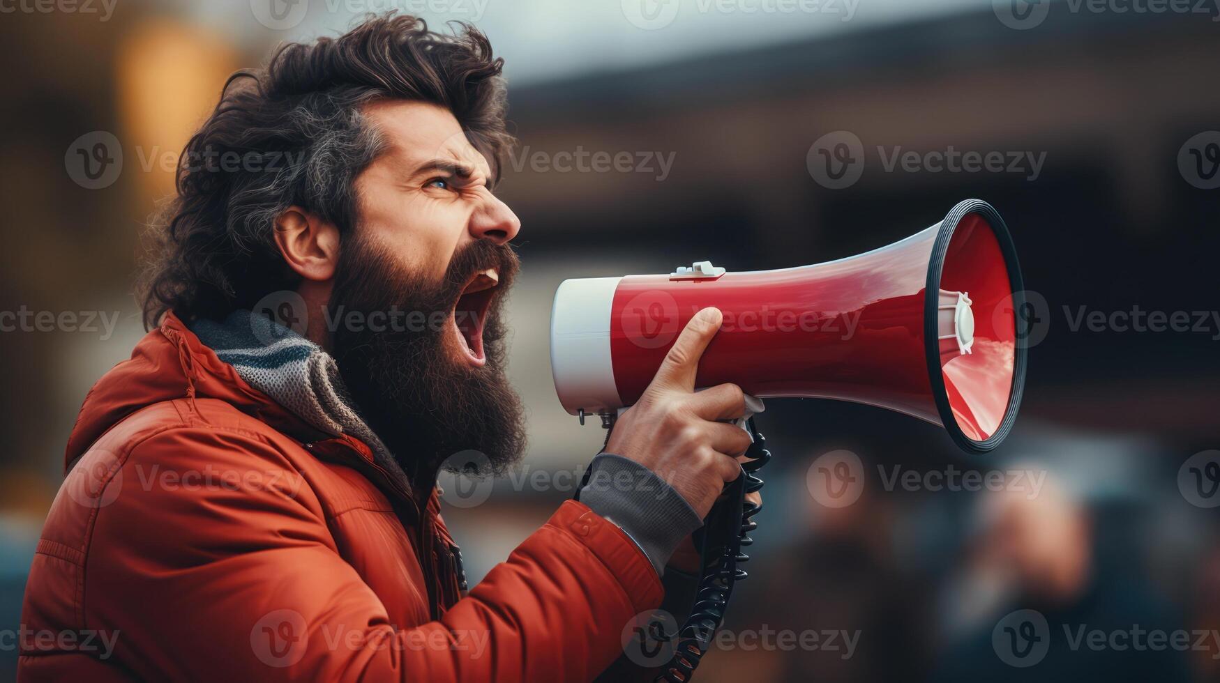 AI generated Big sale. Emotional portrait of marketing professional with megaphone. photo