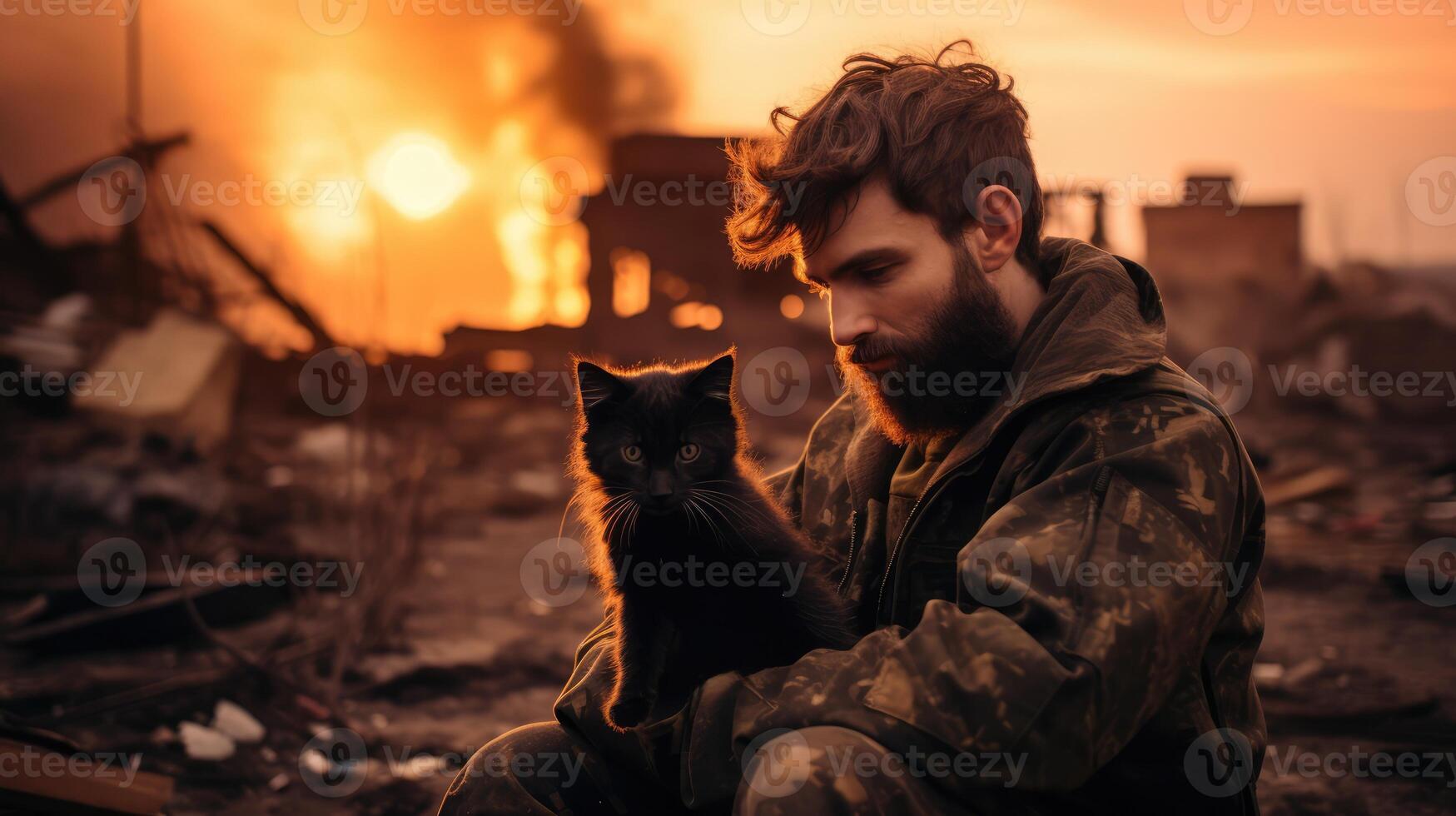 AI generated Portrait of a military man holding a kitten photo