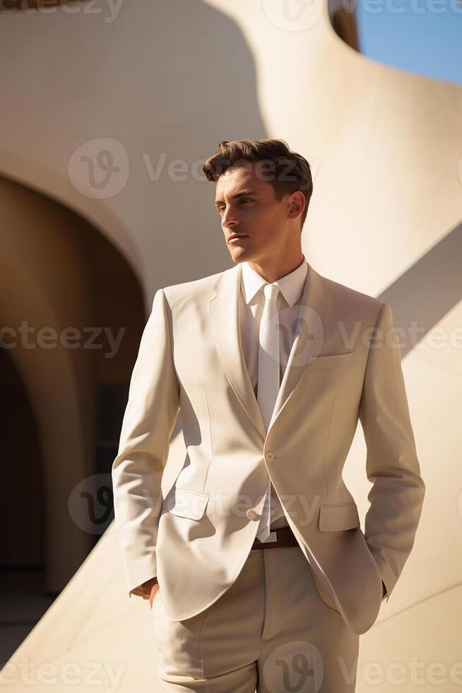AI generated White man wearing a sleek and tailored outfit posing in front of a minimalist architectural backdrop, Mid-length Shot photo