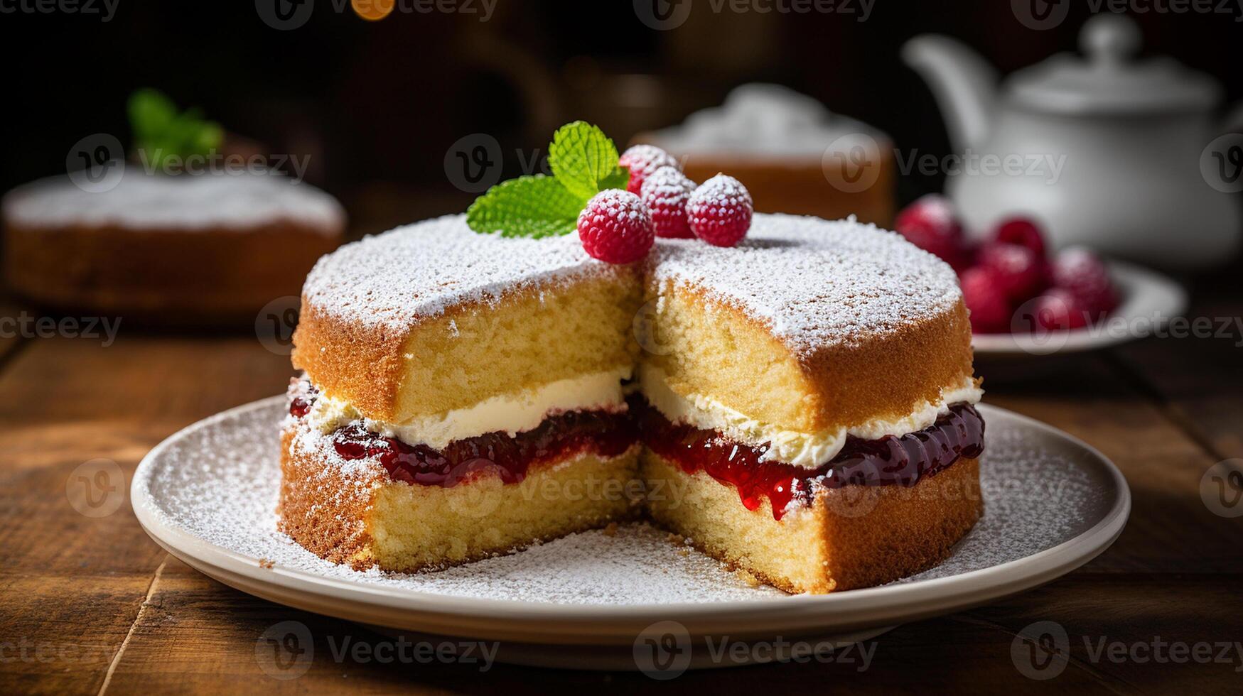 AI generated A cut slice of Victoria Sponge Cake with strawberry jam and topped with powdered sugar placed on a rustic wooden table, Close-up Shot photo