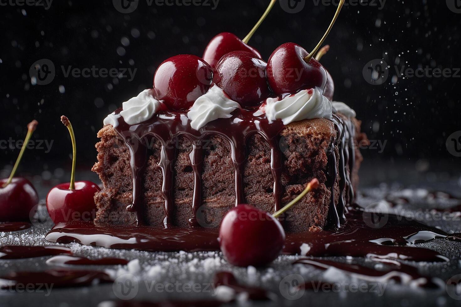 AI generated Black Forest Cake Slice with Juicy Cherries on ceramic plate, Close-up Shot photo